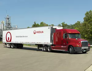 Red truck showing the Veolia Mobile Water Services logo