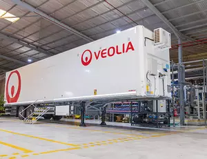 Veolia mobile water treatment unit on a trailer with external piping and equipment connections