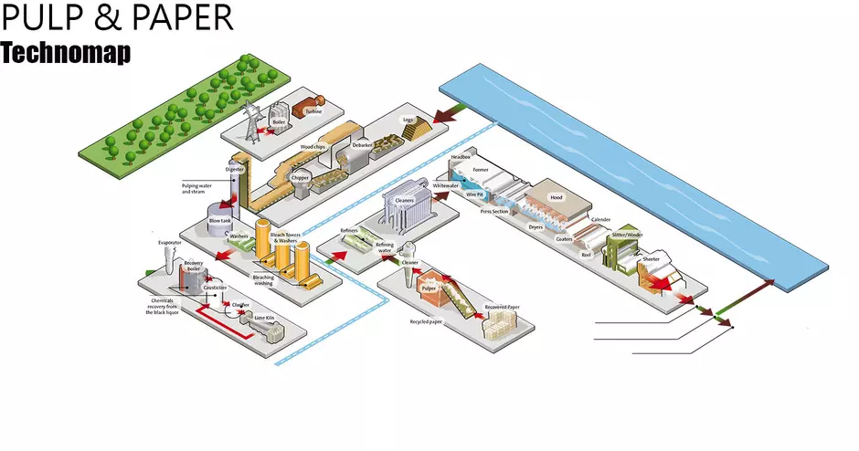 Pulp & paper technomap showing manufacturing process in various stages